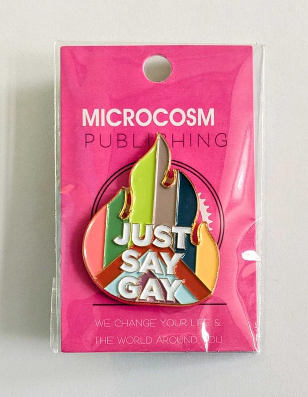 a fiery rainbow with the text "just say gay"
