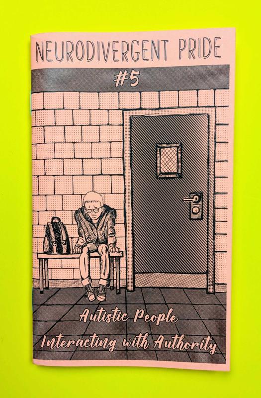 Illustrated zine cover on peach pink paper featuring a person sitting on a bench with a backpack outside a closed door.