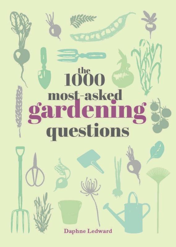 green cover with collage of illustrated gardening tools with black and pink text
