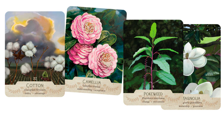 Sample cards featuring different plants, some just greenery others with white flowers