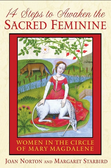 Tan cover with red text and a picture of a medieval illustration of a woman with a unicorn in her lap.
