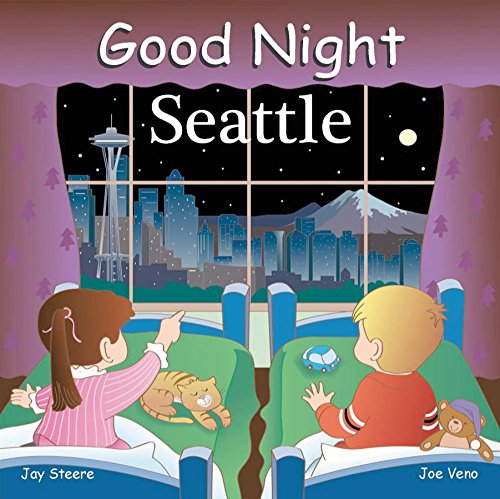 Cover with drawing of children going to bed with view of Seattle