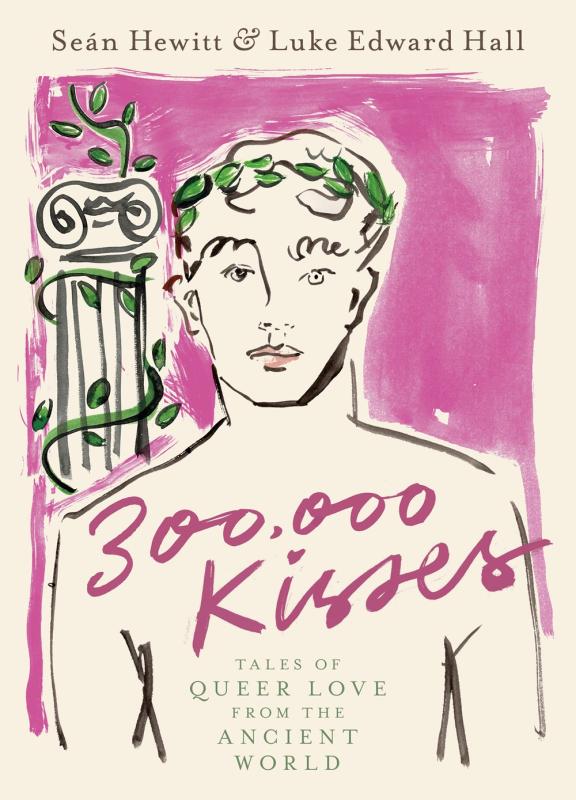 profile of a figure with laurels in their hair in front of a grecian column, over a white bordered purple swatch background