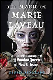 Illustration of Marie Laveau in grayscale and bright red.