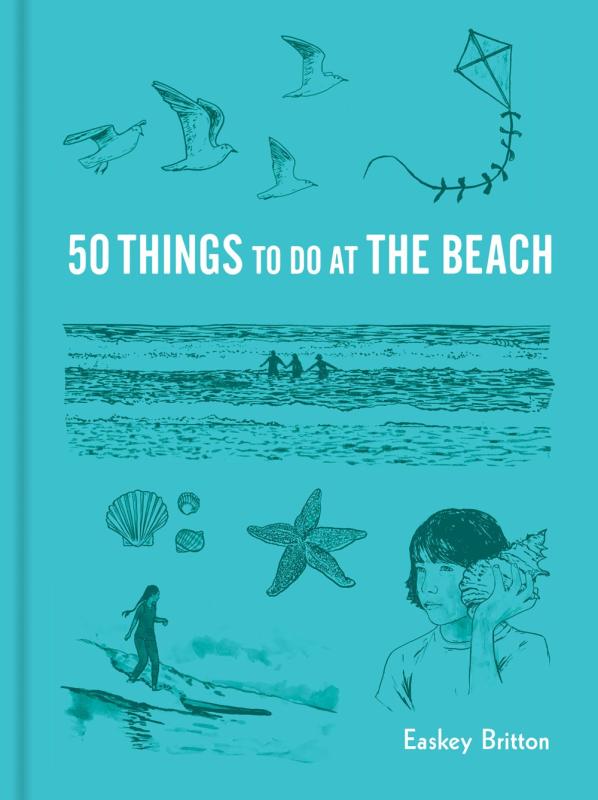 Blue cover with illustrations of different beachy things.