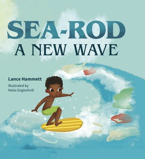 a young black boy surfs a wave.