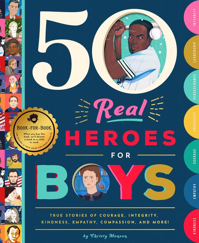 An image of Jackie Robinson and Marie Curie framed by the "0" of "50" and the "o" of "Boys". Smaller images of the heroes are also depicted along the spine side of the book. 