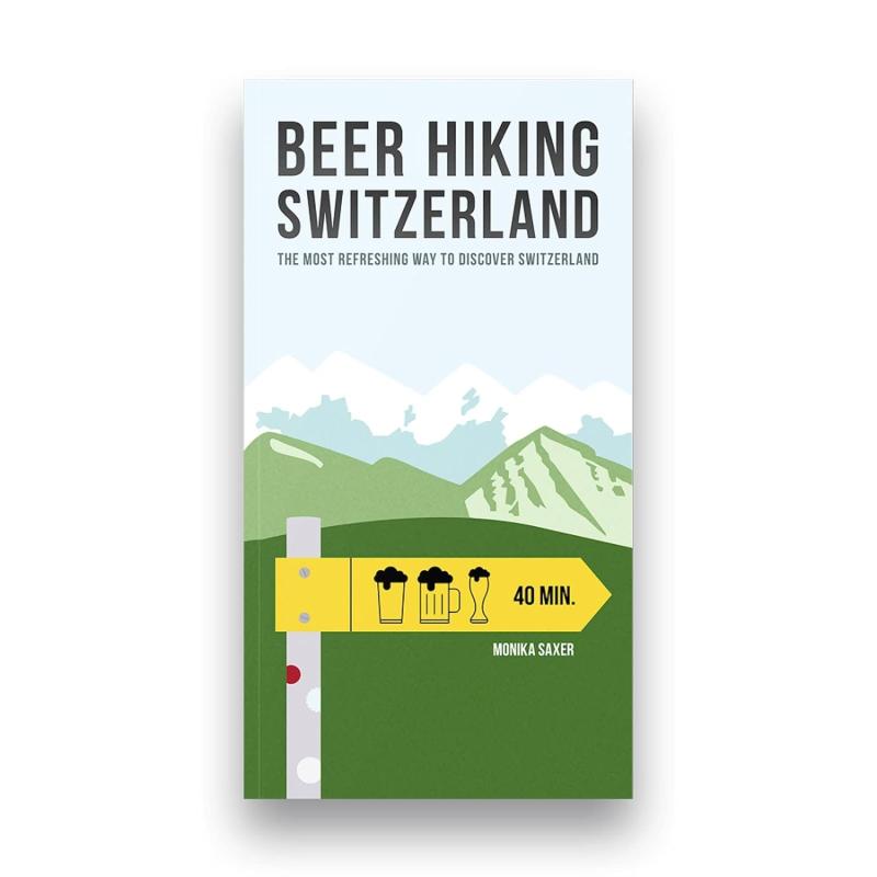 Book cover featuring illustration of green and blue mountains with beer signpost in foreground.