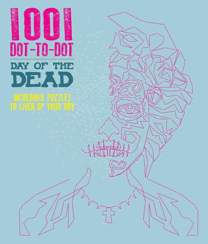 Blue cover with partially completed dot-to-dot pink drawing of a woman with a sugar skull mask.