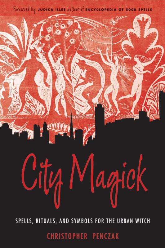 Book cover featuring mythical figures in red and white prints above a black city skyline, with title in red cursive script.