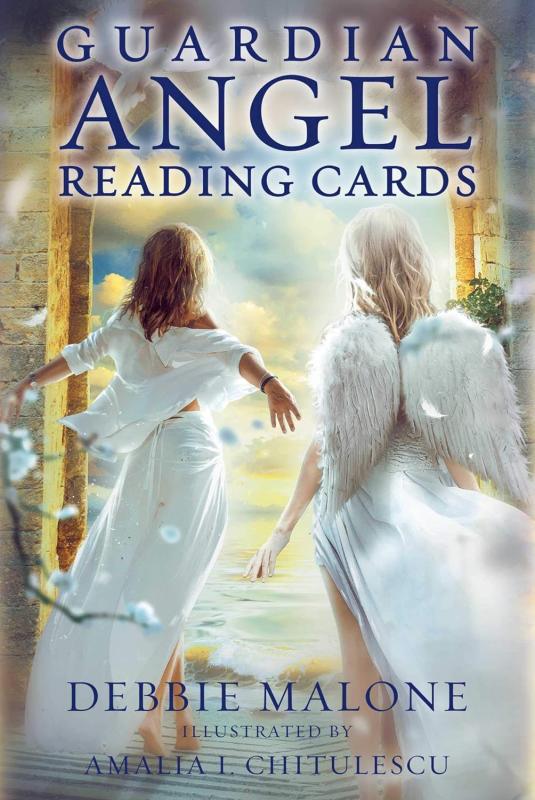 Deck cover featuring two angels viewed from behind, dressed all in white, stepping through an arch into a blue sky filled with white clouds. Title displayed in dark blue serif text at top.