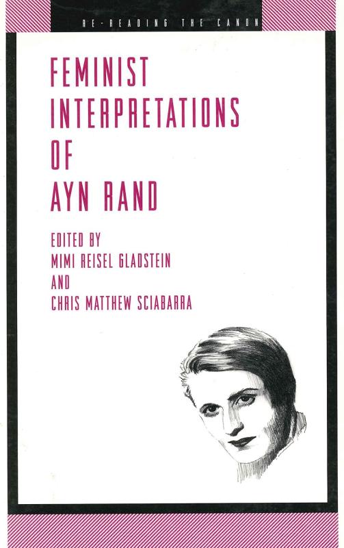 Head of Ayn Rand in black and white in the bottom right corner