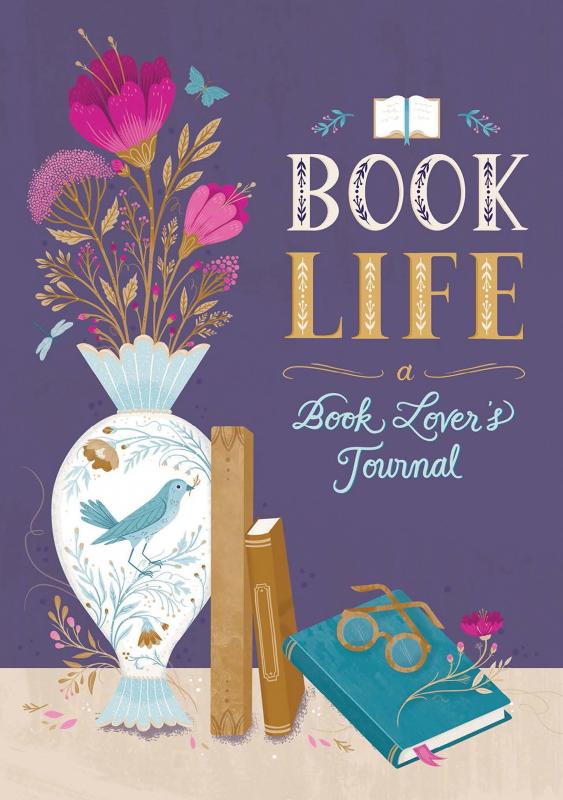 Cover with an illustration of books leaning against a vase of flowers