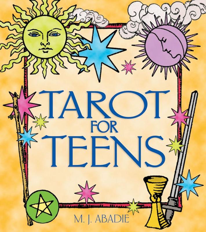 the four tarot pips under a sun, moon, and a star with a box containing the info text and a yellow border