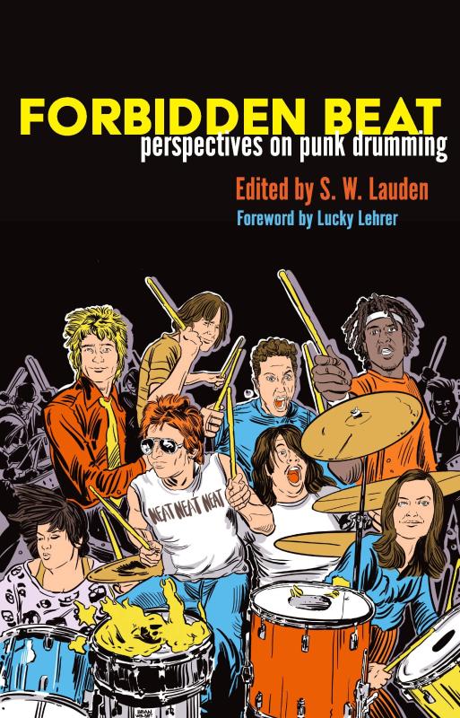 seven cartoonishly illustrated drummers, all overlapping and playing in each other's spaces