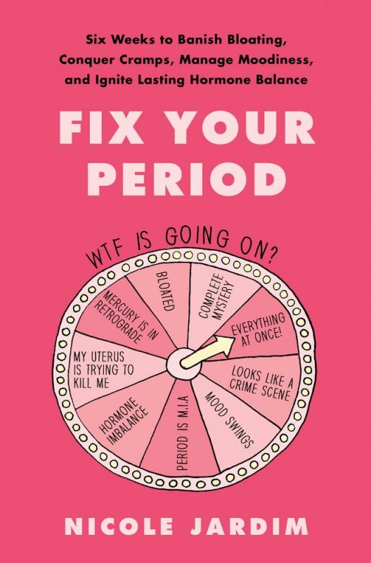 Pink cover with drawing of a prize wheel listing unpleasant symptoms.