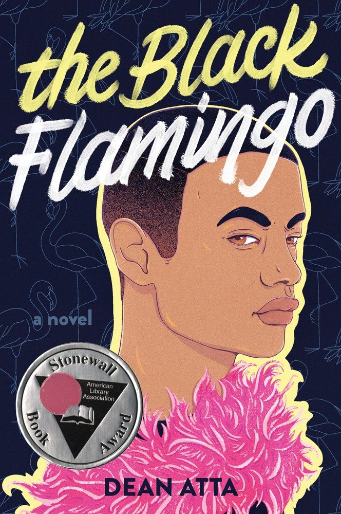 Side profile of a person in a feather boa, with a background of line art flamingos over black
