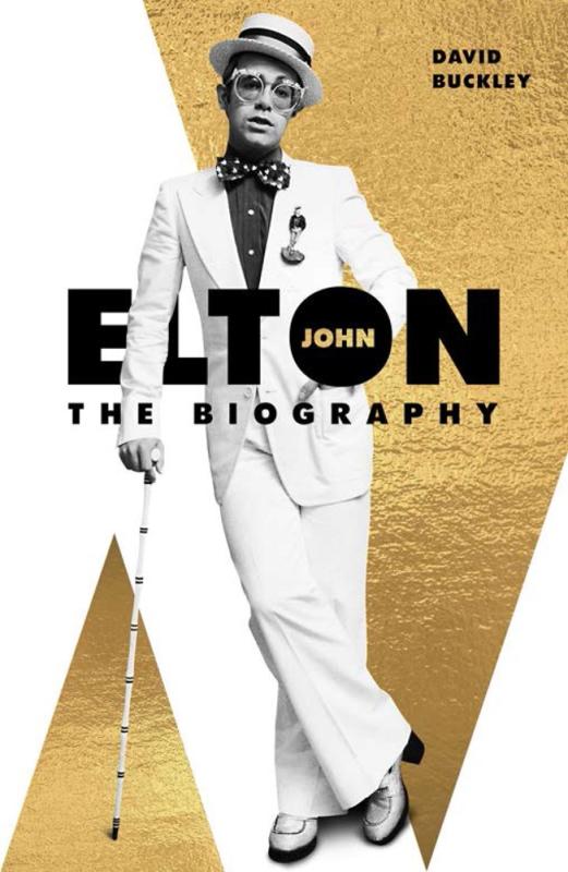 Gold and white cover with photo of Elton John in black and white with black text.