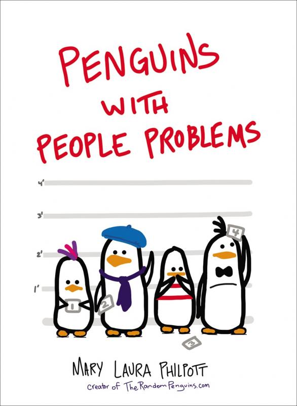 Cover with drawing of penguins standing in a police line-up