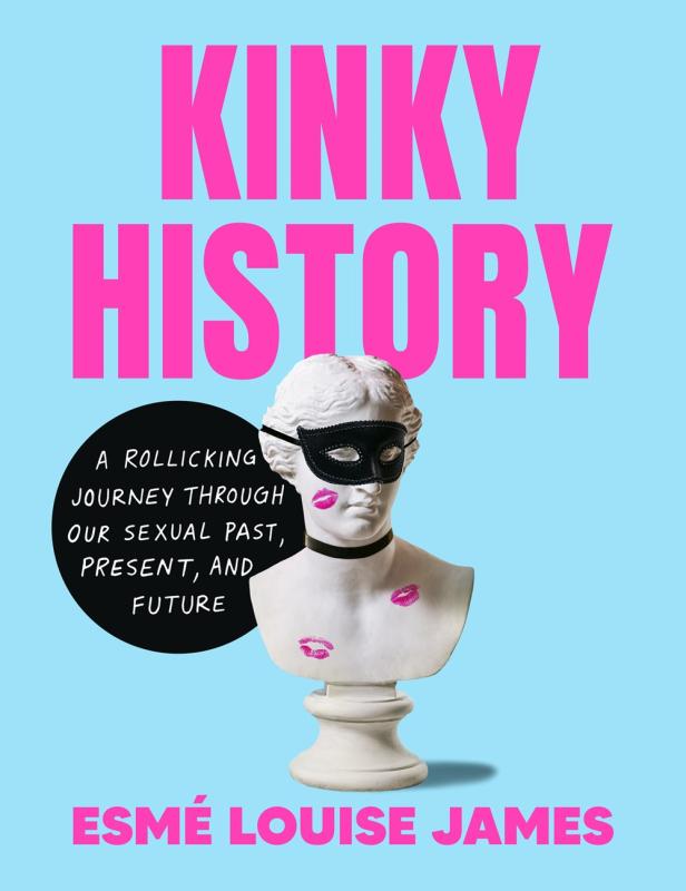Bust with a mask and kiss marks on it over a blue background, with a black circle containing the subtitle