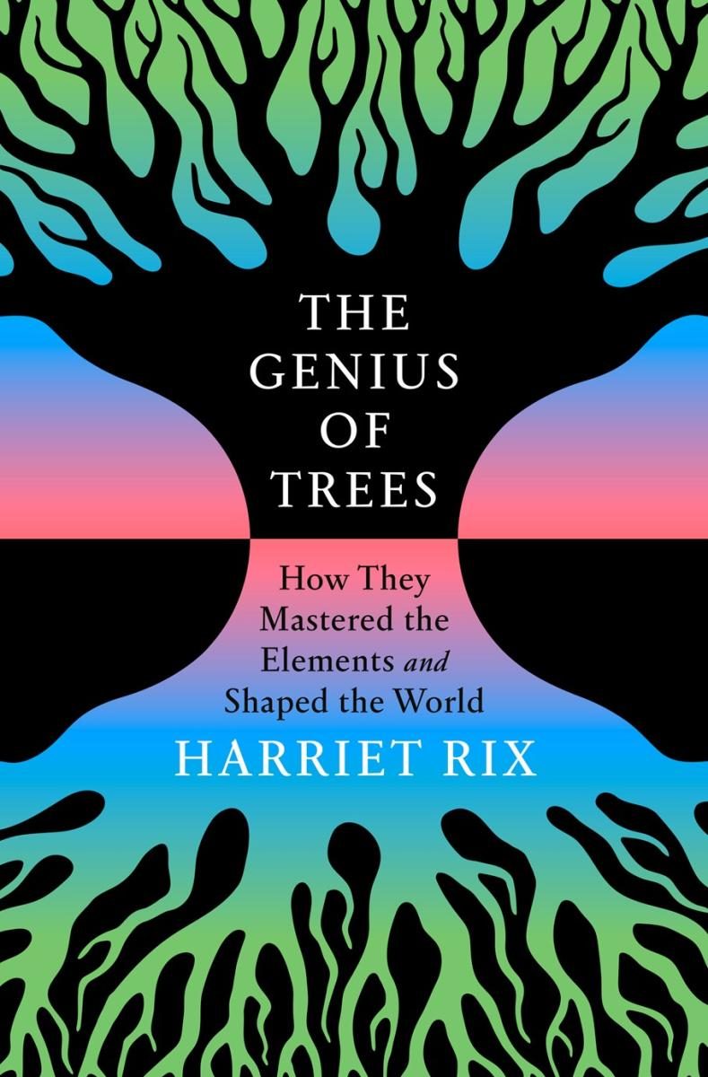 Black and florescent shape of a tree and backdrop, mirrored and contrasting on the flip image 