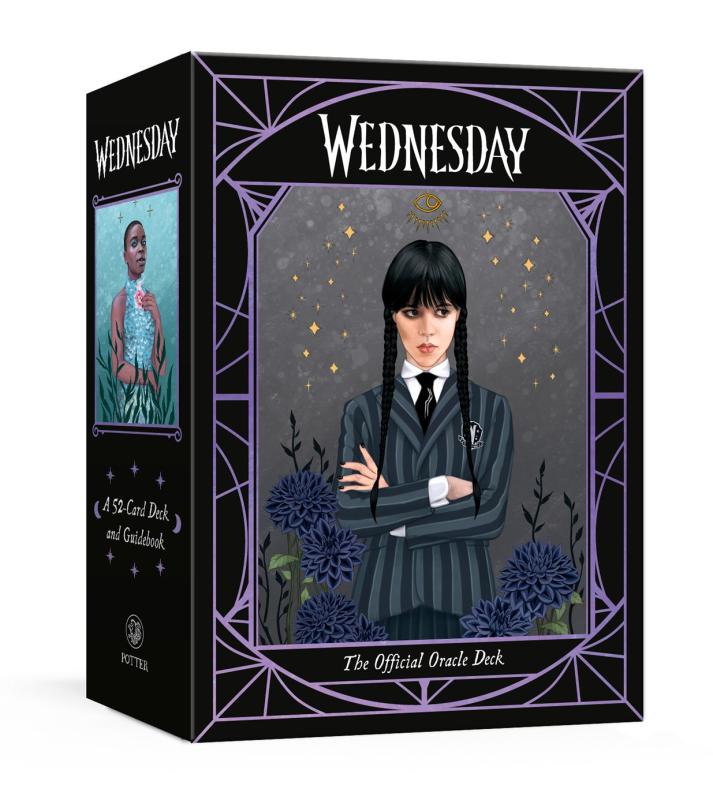 black cover with illustration of wednesday adams with arms folded