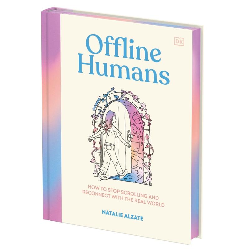 White background with a gradient colorful spine with similarly colored page edges and motif in the center of person walking through a doorway with vines