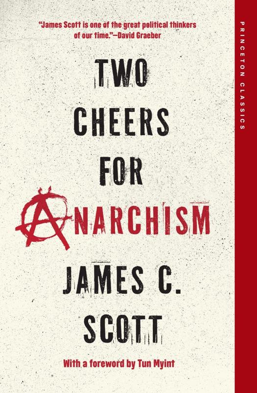 Work paperlike distressed light cream background with white and red and black text and an anarchism symbol in the title