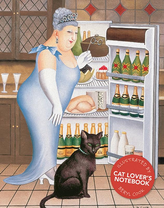 Drawing of a cat standing in front of a well dressed woman and an open refrigerator