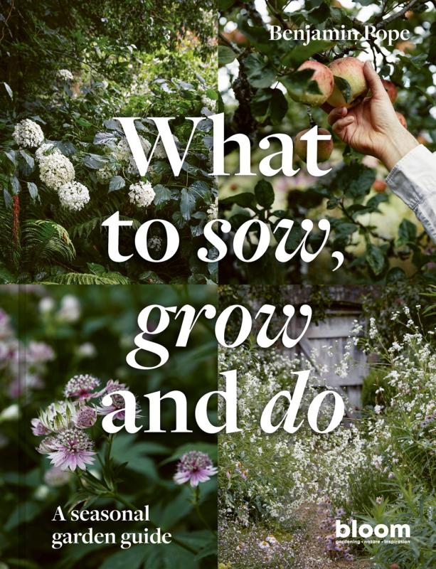 collage of garden illustrations with white text