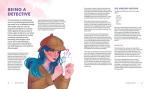 Illustrated woman with long blue hair in a detective costume holding a mangifying glass.