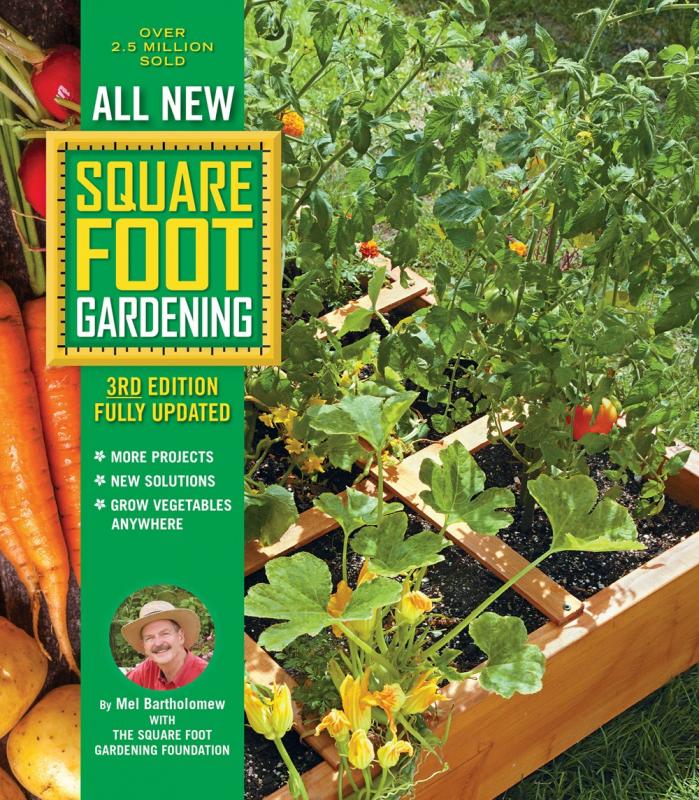 a square-foot garden plot with veggies growing.
