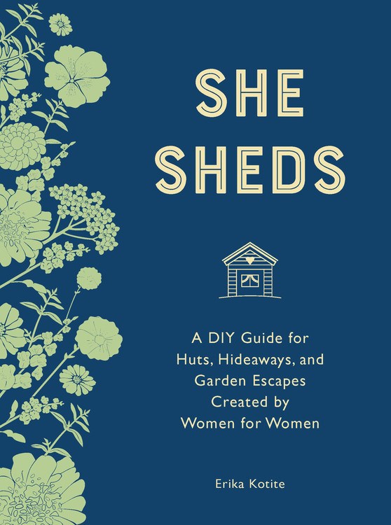 Dark blue cover with drawing of a floral edge and a small shed