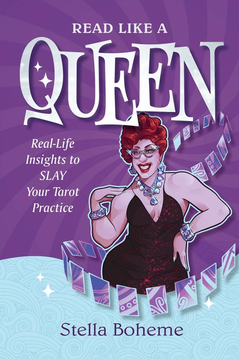 cards around a person in a dress with jewels and cateye glasses