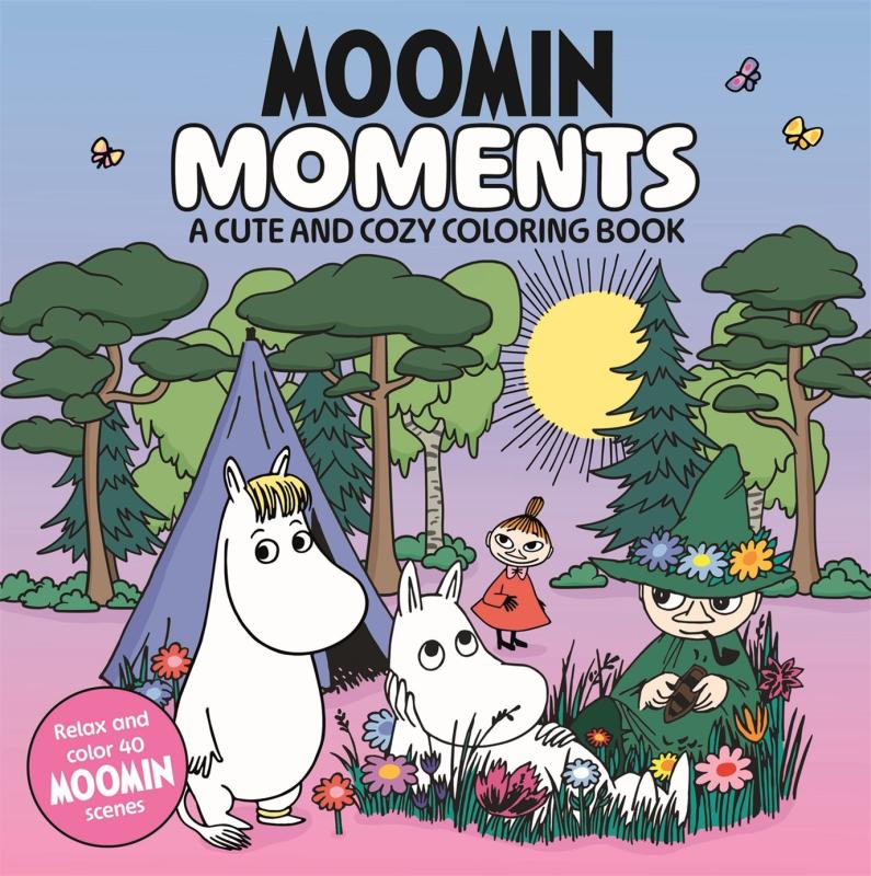 Moomin in a field and a tent and another moomin and a person and trees and a sun