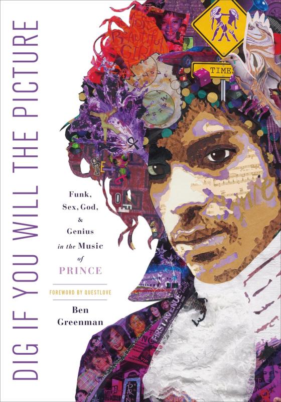 White cover with colorful painted mosaic images that make up a headshot of musician Prince.