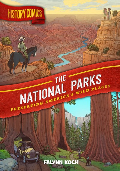 Top half of cover has a drawing of a woman on horseback overlooking the grand canyon and bottom half shows the  giant California redwoods. The two drawings are divided by a red ribbon that contains the title.