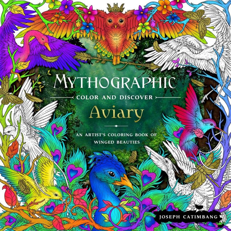 Book cover filled with brightly colored illustrations winged birds, insects, and mythological creatures, with title over watercolored green background in center.