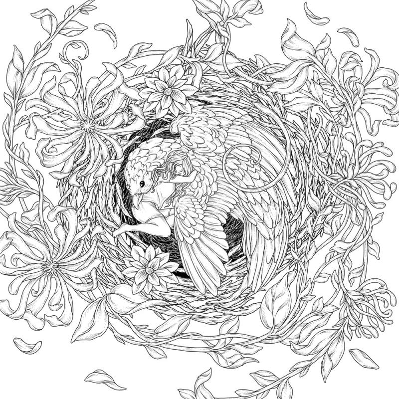 Coloring book page with black and white illustration of small maiden embracing a large mythic bird in a round nest.