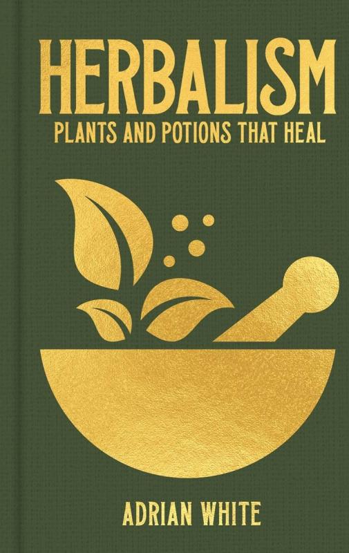 Green cover with gold text and a gold image of a mortar and pestle crushing some leaves.