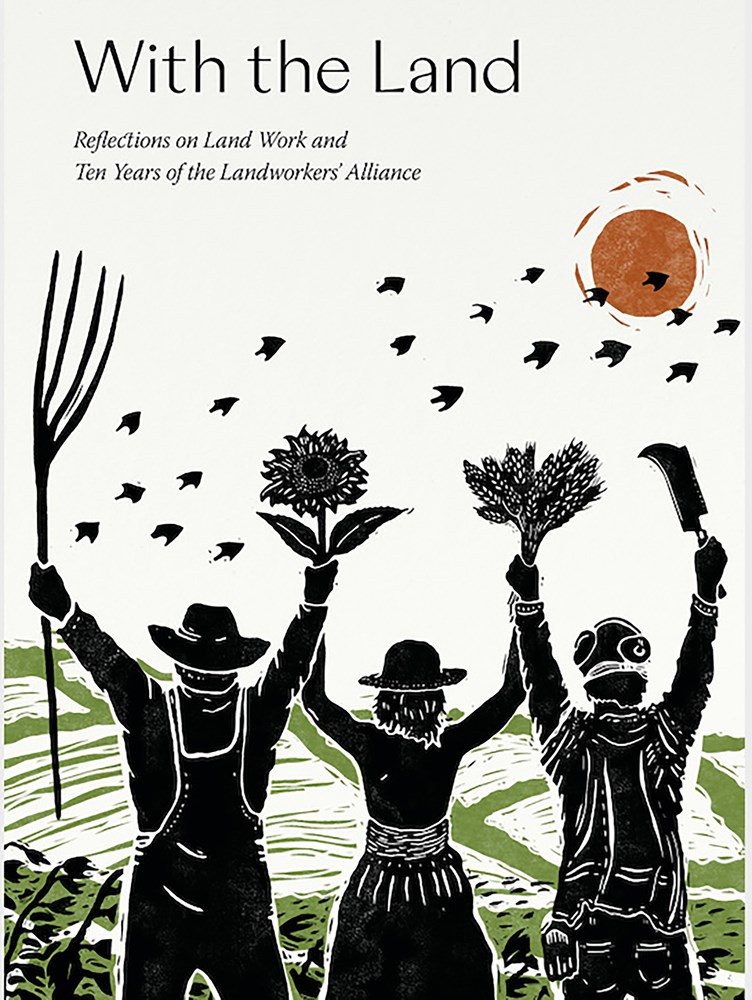 three farmers with hands in the air, in the fields, with birds and a sun in the sky