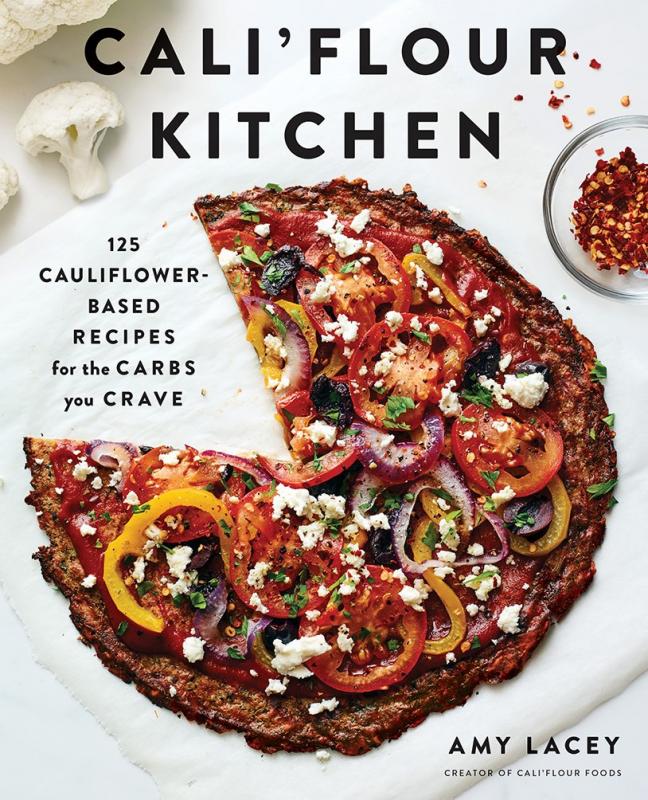 Cover with photo of a vegetable pizza sprinkled with cauliflower
