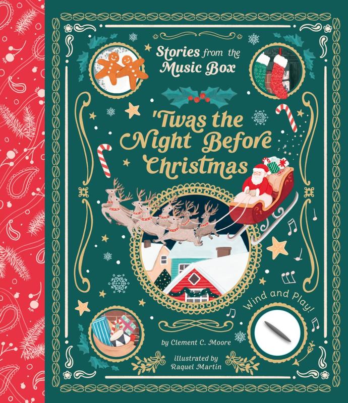 Festive book cover with red spine and green background behind nostalgic illustration of Santa Claus in his sleigh and various Christmas items.