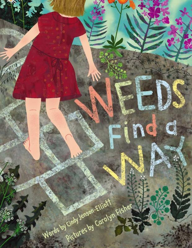 Cover with drawing of a girl playing hopscotch and weeds. 