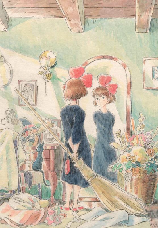 soft colored illustration of girl standing in front of a mirror