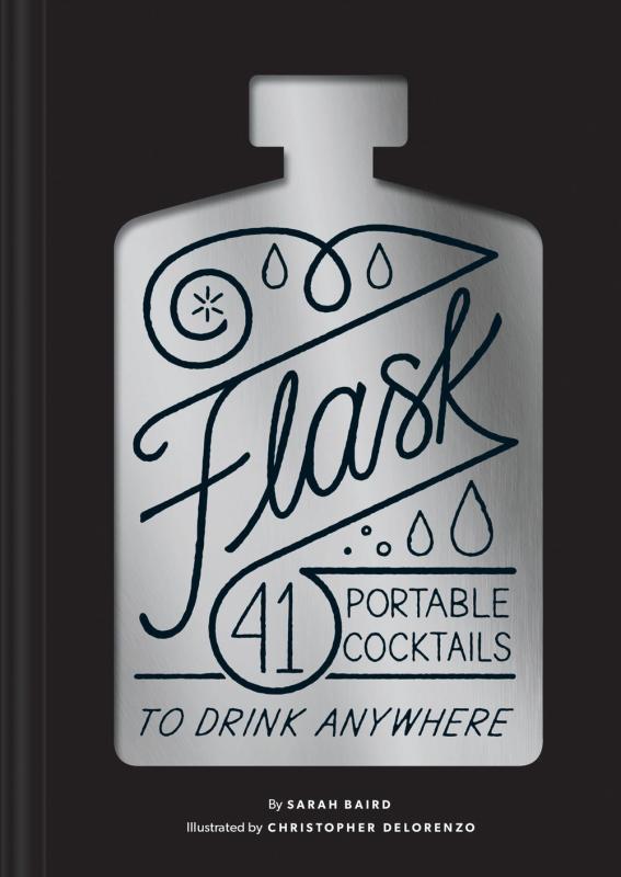 black cover with silver flask with blue text