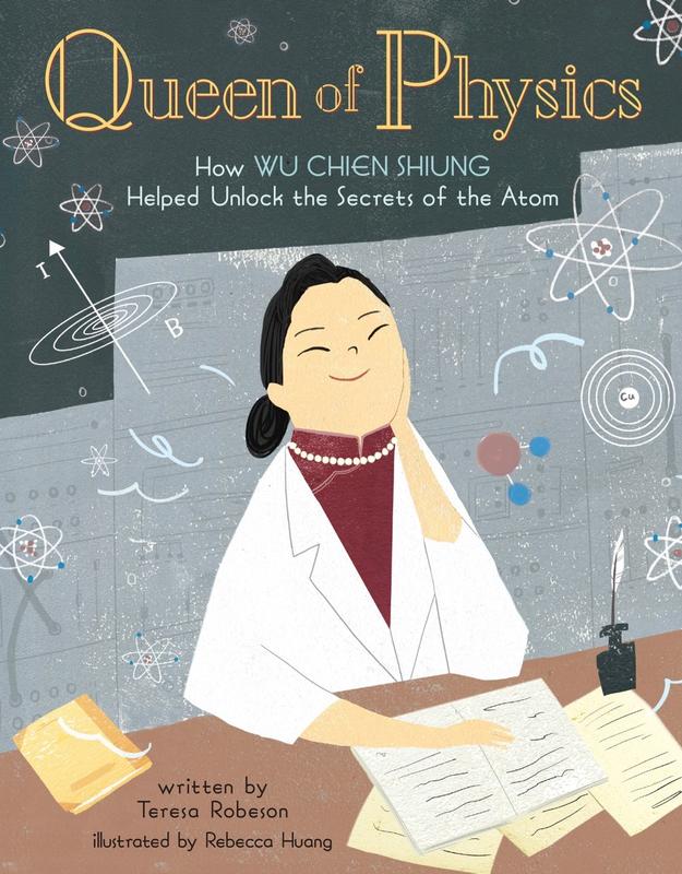 An illustration of Wu Chien Shiung sitting at a desk and working on her papers about the atom.