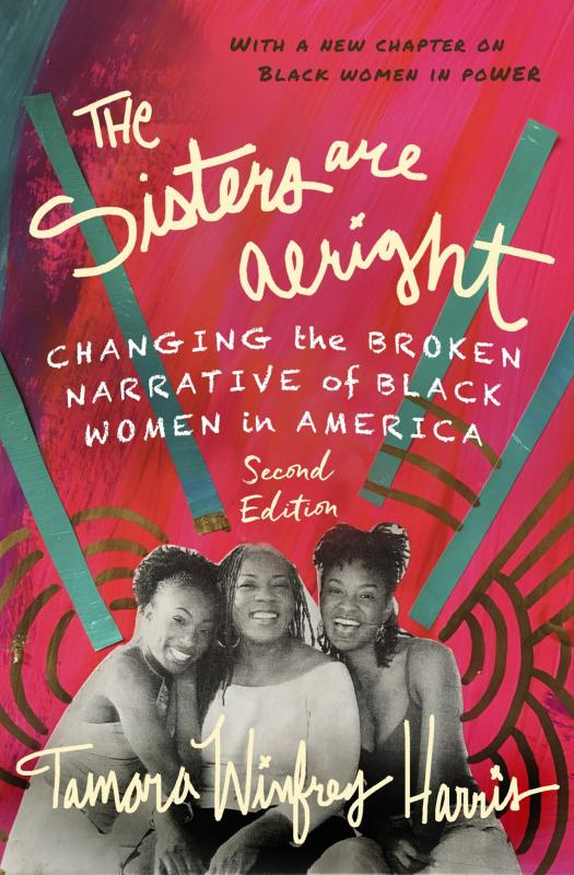 Colorful pink and red book cover featuring photograph of three Black women and white handwritten text.