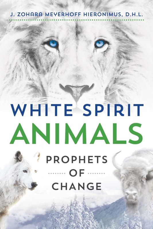 White book cover featuring images of a white lion, wolf, and buffalo, with blue and green title text.