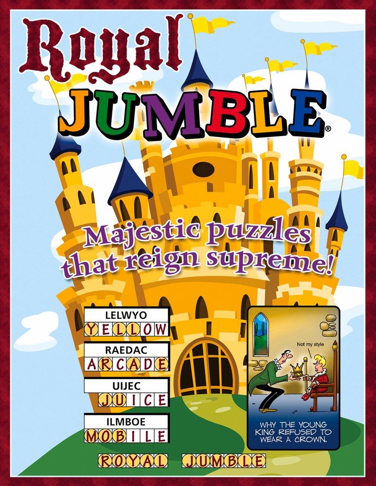 illustration of a castle with game word spots and rainbow text